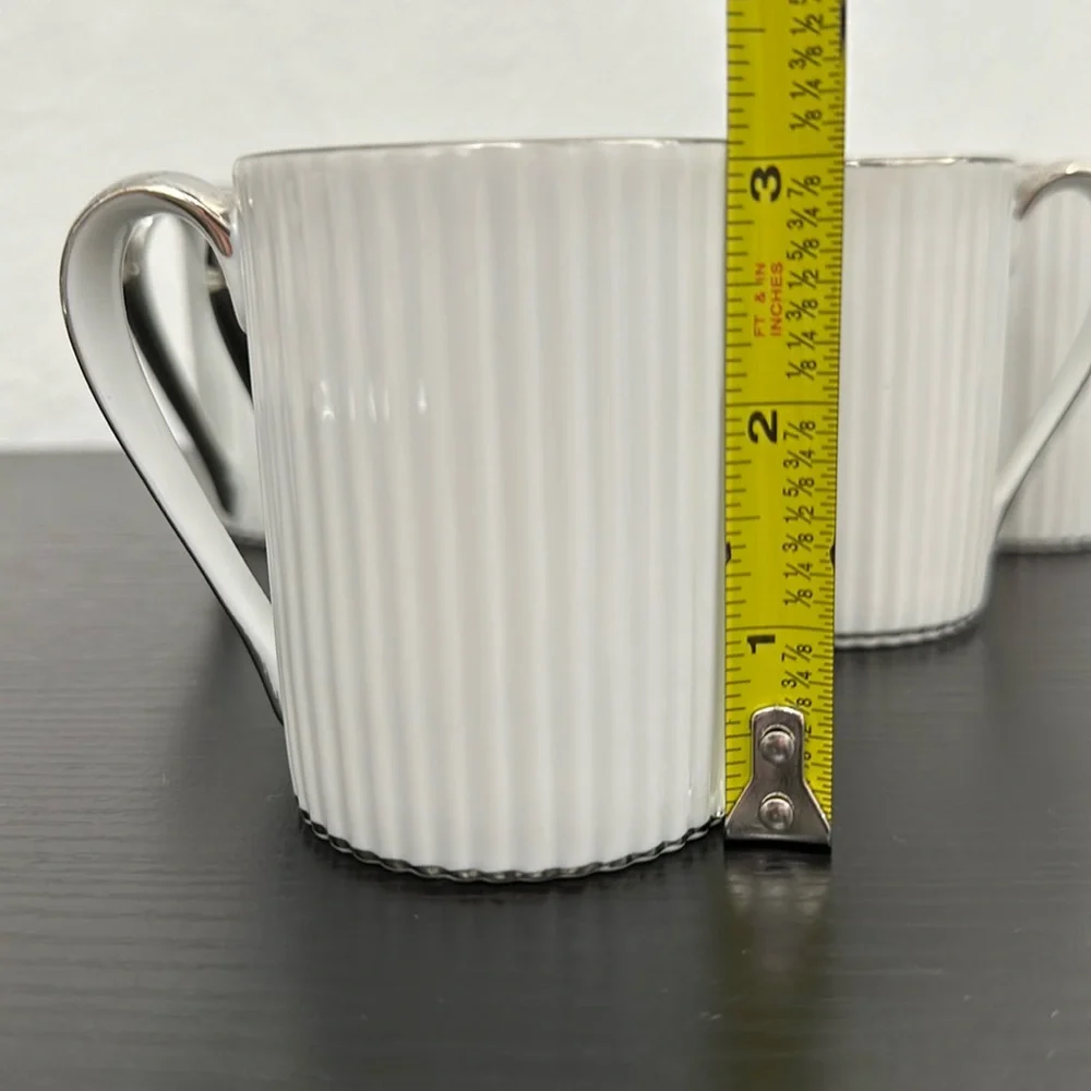 8 Vintage Ucagco White Ribbed Porcelain Silver Trim Demitasse Tea Cups